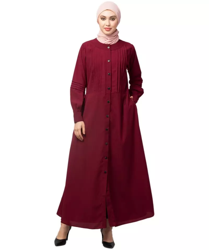 Maroon Matt Nida Pleats at front and sleeve Front open Casual Abaya