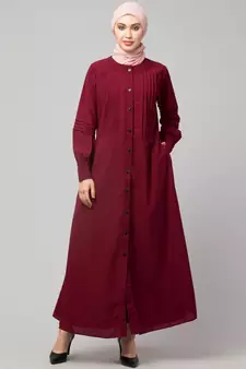 Maroon Matt Nida Pleats at front and sleeve Front open Casual Abaya