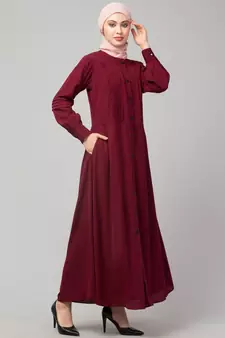 Maroon Matt Nida Pleats at front and sleeve Front open Casual Abaya