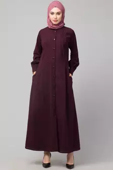 Wine Matt Nida Pleats at front and sleeve Front open Casual Abaya
