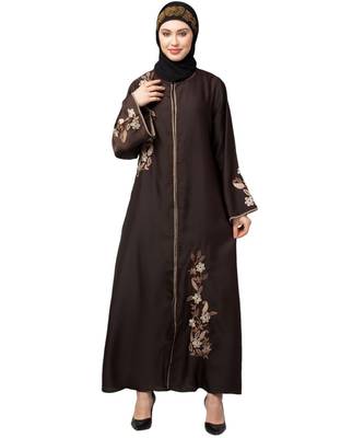 Brown Premium Shine Nida Front Open mbroidered Nida Abaya 1