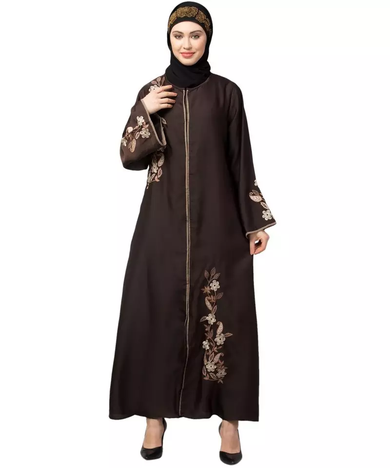 Brown Premium Shine Nida Front Open mbroidered Nida Abaya