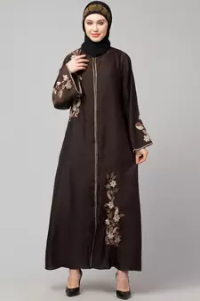 Brown Premium Shine Nida Front Open mbroidered Nida Abaya
