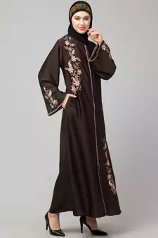 Brown Premium Shine Nida Front Open mbroidered Nida Abaya
