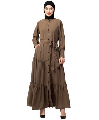 Khaki Matt Nida Front open gather and frill with belt Casual Abaya 1