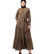 Khaki Matt Nida Front open gather and frill with belt Casual Abaya