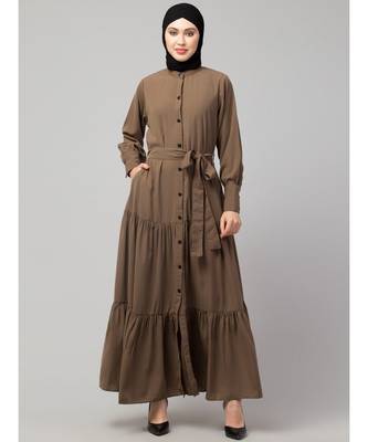 Khaki Matt Nida Front open gather and frill with belt Casual Abaya 2
