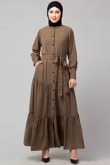 Khaki Matt Nida Front open gather and frill with belt Casual Abaya