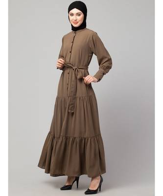 Khaki Matt Nida Front open gather and frill with belt Casual Abaya 3