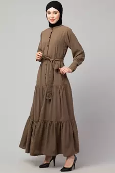 Khaki Matt Nida Front open gather and frill with belt Casual Abaya