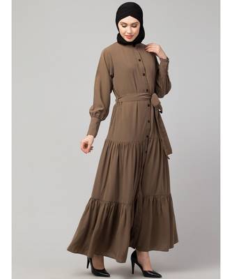 Khaki Matt Nida Front open gather and frill with belt Casual Abaya 4