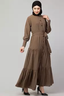 Khaki Matt Nida Front open gather and frill with belt Casual Abaya