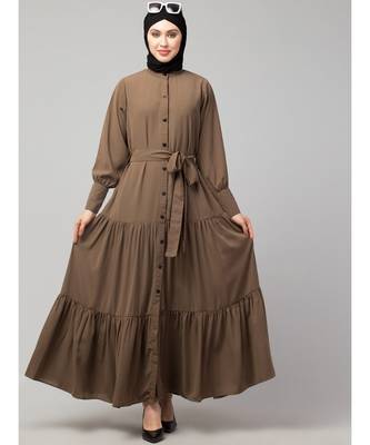 Khaki Matt Nida Front open gather and frill with belt Casual Abaya 6