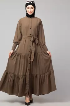 Khaki Matt Nida Front open gather and frill with belt Casual Abaya