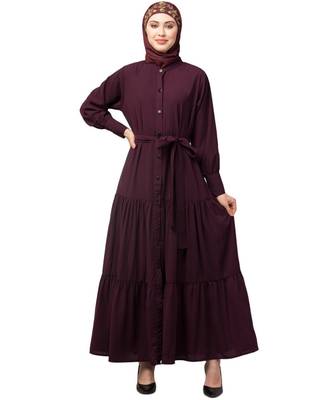 Wine Matt Nida Front open gather and frill with belt Casual Abaya 1