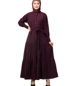 Wine Matt Nida Front open gather and frill with belt Casual Abaya