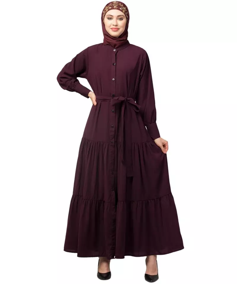 Wine Matt Nida Front open gather and frill with belt Casual Abaya