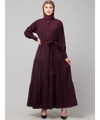 Wine Matt Nida Front open gather and frill with belt Casual Abaya 3