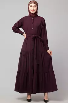 Wine Matt Nida Front open gather and frill with belt Casual Abaya