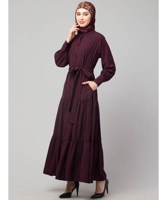 Wine Matt Nida Front open gather and frill with belt Casual Abaya 4