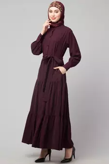 Wine Matt Nida Front open gather and frill with belt Casual Abaya