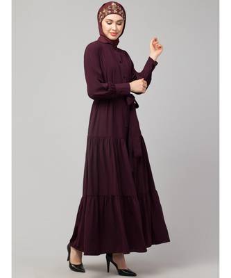 Wine Matt Nida Front open gather and frill with belt Casual Abaya 5