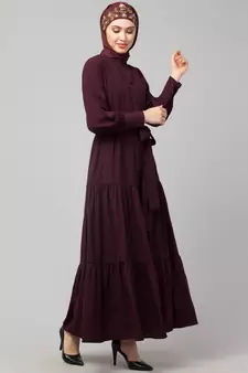 Wine Matt Nida Front open gather and frill with belt Casual Abaya