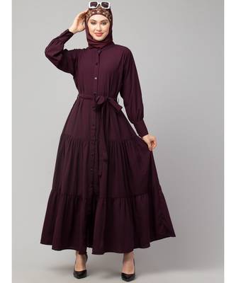 Wine Matt Nida Front open gather and frill with belt Casual Abaya 6