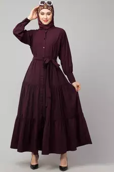 Wine Matt Nida Front open gather and frill with belt Casual Abaya
