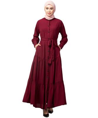 Maroon Matt Nida Front open gather and frill with belt Casual Abaya 1