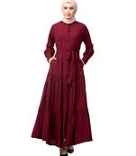 Maroon Matt Nida Front open gather and frill with belt Casual Abaya