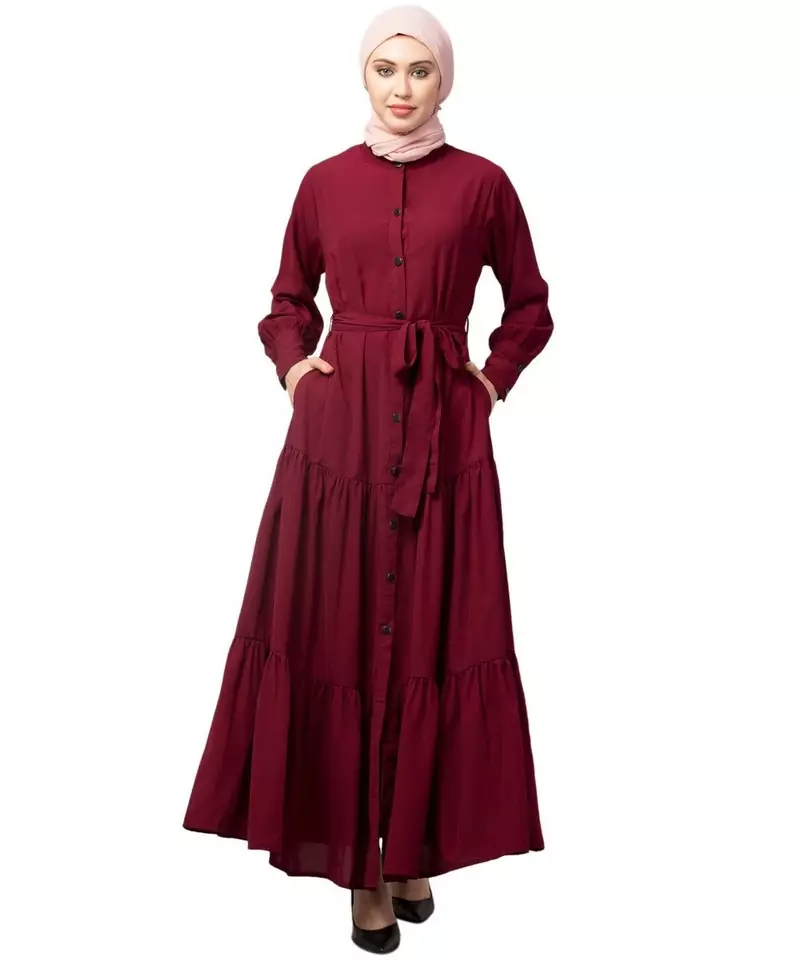 Maroon Matt Nida Front open gather and frill with belt Casual Abaya