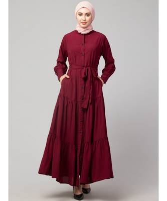 Maroon Matt Nida Front open gather and frill with belt Casual Abaya 2
