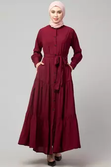 Maroon Matt Nida Front open gather and frill with belt Casual Abaya