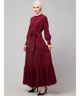 Maroon Matt Nida Front open gather and frill with belt Casual Abaya 3