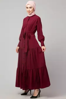 Maroon Matt Nida Front open gather and frill with belt Casual Abaya