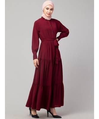 Maroon Matt Nida Front open gather and frill with belt Casual Abaya 4
