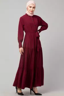 Maroon Matt Nida Front open gather and frill with belt Casual Abaya