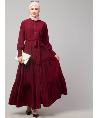 Maroon Matt Nida Front open gather and frill with belt Casual Abaya 6