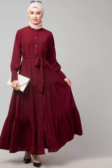 Maroon Matt Nida Front open gather and frill with belt Casual Abaya