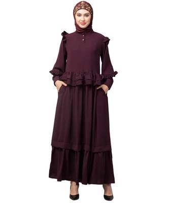 Wine Matt Nida Frill at waist shoulder double sleeve flare casual Abaya 1