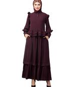 Wine Matt Nida Frill at waist shoulder double sleeve flare casual Abaya
