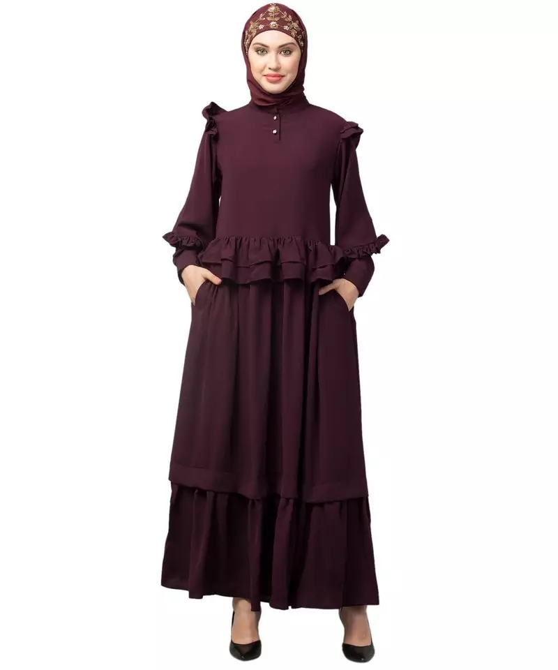 Wine Matt Nida Frill at waist shoulder double sleeve flare casual Abaya