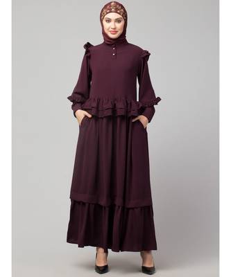 Wine Matt Nida Frill at waist shoulder double sleeve flare casual Abaya 2