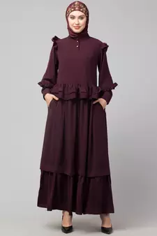 Wine Matt Nida Frill at waist shoulder double sleeve flare casual Abaya