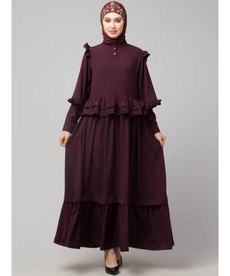 Wine Matt Nida Frill at waist shoulder double sleeve flare casual Abaya 3