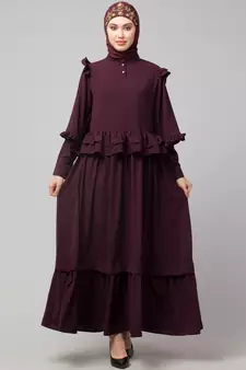 Wine Matt Nida Frill at waist shoulder double sleeve flare casual Abaya