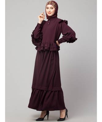 Wine Matt Nida Frill at waist shoulder double sleeve flare casual Abaya 4