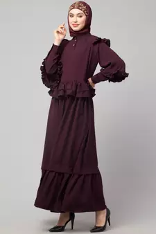 Wine Matt Nida Frill at waist shoulder double sleeve flare casual Abaya