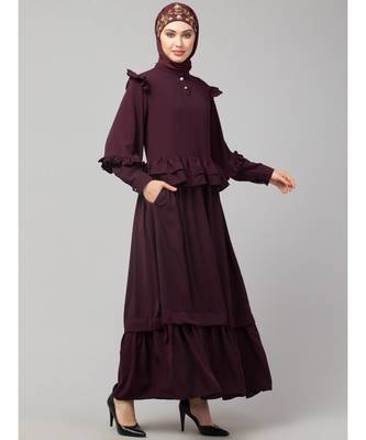 Wine Matt Nida Frill at waist shoulder double sleeve flare casual Abaya 5